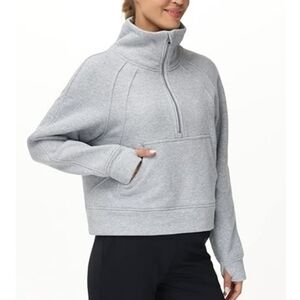 Half Zip Pullover Fleece Stand Collar Crop Sweatshirt with Pockets Gray